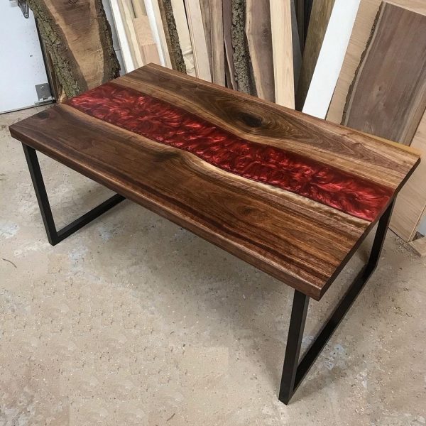 Wood and Red Epoxy River Dining Table