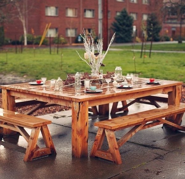 Outdoor Wood Picnic Table with Two Bench Set