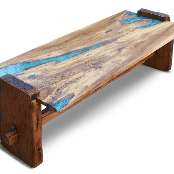 Live Edge Rustic Oak With Turquoise Inlay Bench