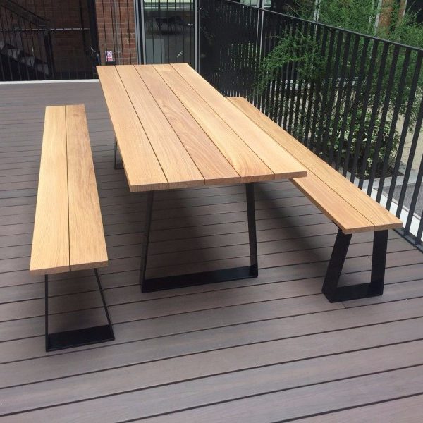 Outdoor Wood Table & Two Benches Set