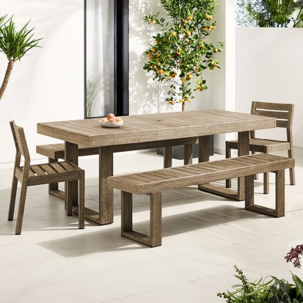 Outdoor Dining Table, 2 Benches, 2 Solid Wood Chairs Set