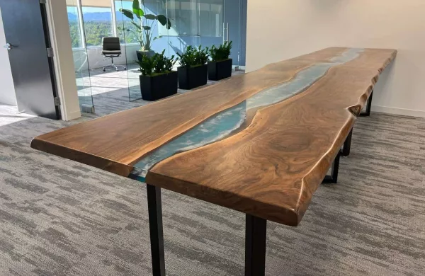 Live Edge Black Walnut blue epoxy river table with waves