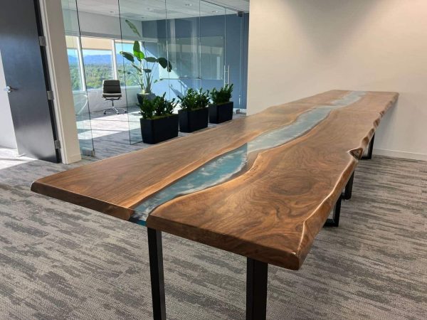 Live Edge Black Walnut blue epoxy river table with waves