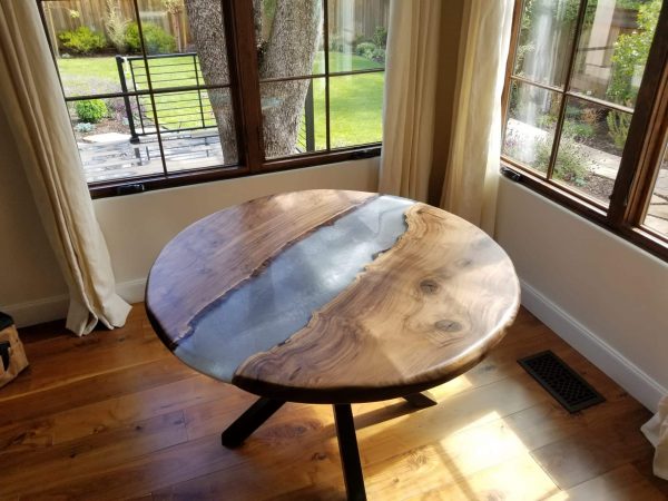 Live Edge Black Walnut gray epoxy river round table